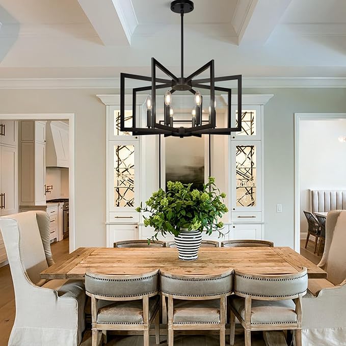 8-Light Large Black Chandelier,Dining Room Light Fixture Geometric Metal Modern Chandelier,Hanging Industrial Metal Chandelier for Kitchen Island Entryway Stairway Foyer Hallway.