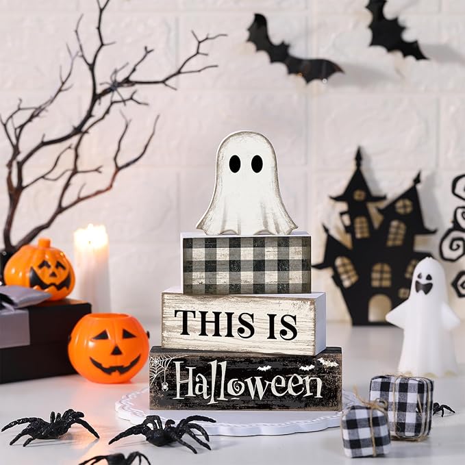 4 Pcs Ghost Halloween Decor Black and White Halloween Tiered Tray Decor Ghost Table Centerpiece Decorations Rustic Wooden Block Sign Gift for Home Shelf Kitchen Coffee Bar