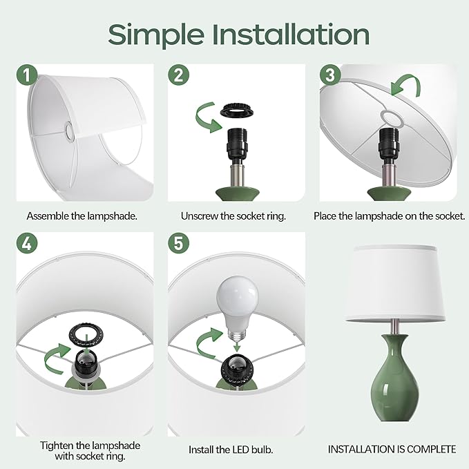 PARTPHONER Table Lamp Set of 2, Modern Ceramic Bedside Lamps for Night Stands, Classic Small Lamp Nightstand Lamp for Bedroom Living Room Desk End Table Rocker Swtich Sage Green