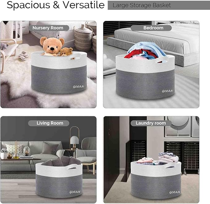 Storage Baskets for Organizing D22"H14" Large blanket basket laundry basket Cotton Rope Woven Basket for toy towl in Living Room (Ltgrey/Beige) XXXL