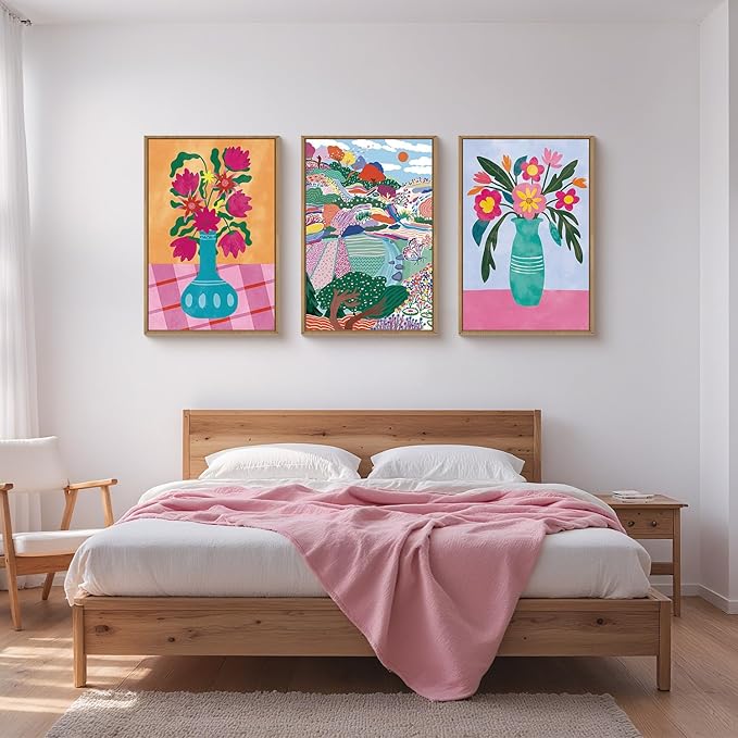 HOURIA Colorful Flower Field Landscape Framed Canvas Wall Art Set,Abstract Pink Floral Vase Wall Decor,Natural Botanical Tree Artwork,Modern Sunrise Art Prints for Living Room,Farmhouse-16 x24 x3