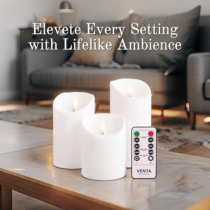 VENTA Set of 3 Ivory & White Pillar Candles | Real Wax Battery Operated Flickering LED Candles with Remote | Timeless Decor for Farmhouse, Modern & Mantel Displays