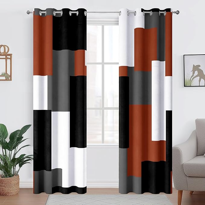 Burnt Orange 100% Blackout Curtains for Bedroom 72 inch Length 2 Panels Set Grey Modern Abstract Geometric Fall Black Out Curtains Insulated Room Darkening Window Drapes for Living Room, 52Wx72L
