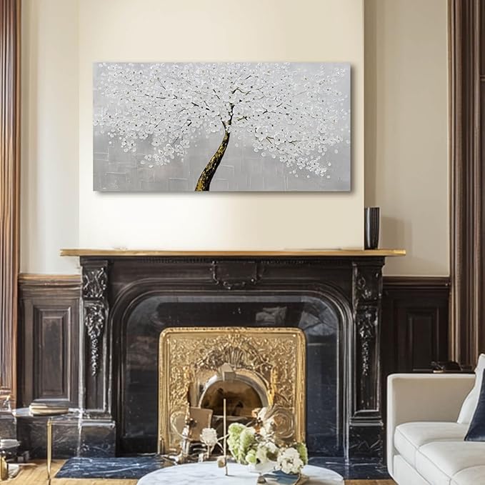 VAYIMDH White Flowers Wall Art Canvas Painting Black with Gold Tree Prints for Bedroom Contemporary Wall Decor for Living Room 24"x 48" Ready to Hang