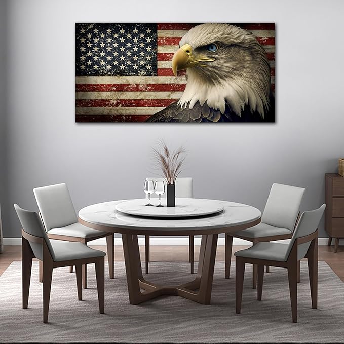 yearainn American Flag Wall Art - Flag of USA with Eagle Canvas Pictures for Wall Decor Patriotic Canvas Printing Artwork Vintage Rustic Design for Living Room Home Office Wall Decoration 29" x 58"