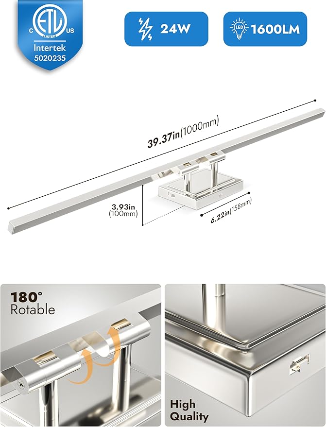 NIORSUN 39.4 Inch Modern Bathroom Light Fixture, 24W 5CCT Dimmable LED Chrome Bathroom Vanity Lights Over Mirror, Vanity Lights for Bathrooms Restroom Mirror- ETL Certified