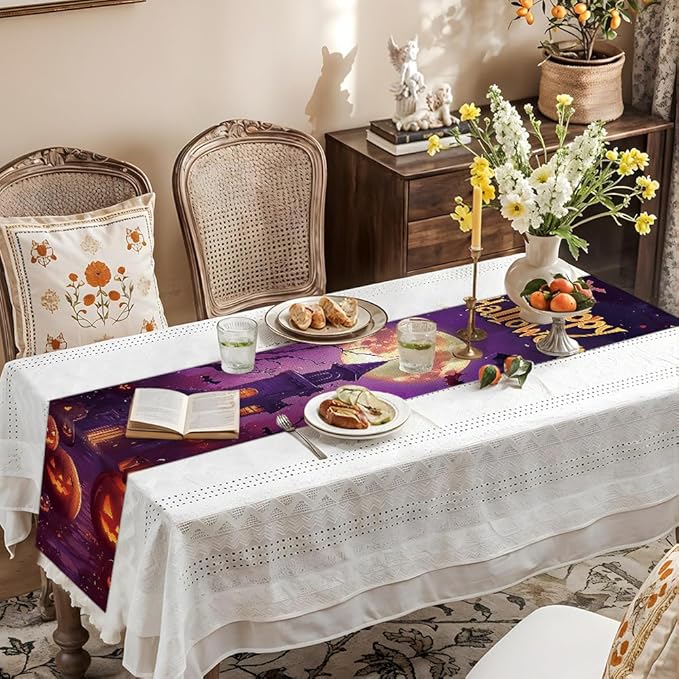 ANNA QUEEN Happy Halloween Table Runner 13 x 72 Inch for Dining Table Haunted House PumpkinTable Runner for Seasonal Fall Kitchen Dining Table Decoration for Home Party Decor