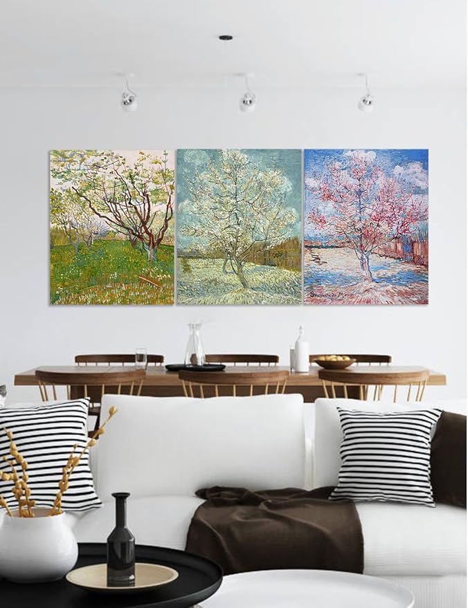 DECORARTS - Triptych (Orchard in Blossom, The pink peach tree, Peach Trees in Blossom), Vincent Van Gogh Art Reproduction. Giclee Canvas Prints Wall Art for Home Decor 24x30, 3pcs/set