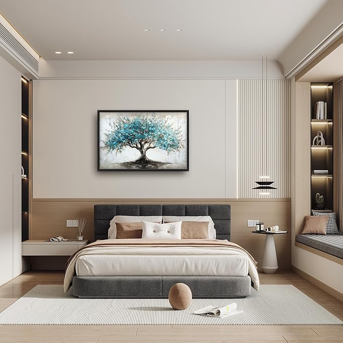 Flintis Large Tree of Life Framed Wall Art Teal Blue Tree Pictures Wall Decor Abstract Natural Landscape Canvas Painting Print Artworks Framed for Living Room Bathroom Master Bedroom 36L X 24W