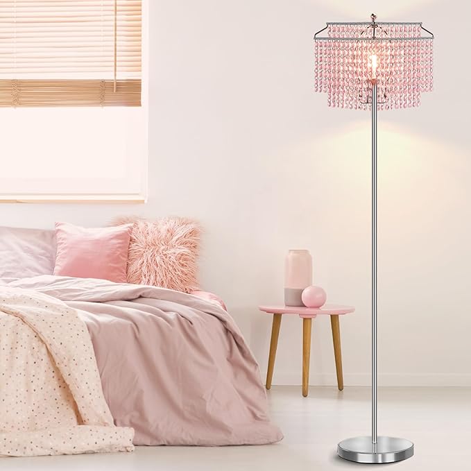 Luvkczc Pink Crystal Floor Lamp, 64" Tall Standing Lamps with Double-Layer Lampshade, Floor Lamps with On/Off Foot Switch, Elegant Floor Lamp for Living Room, Girl Bedroom, Dresser, Office