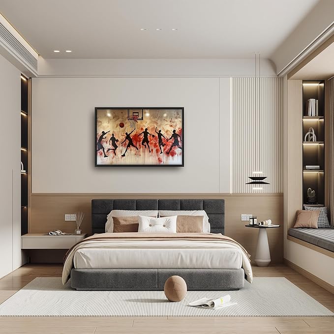 Flintis Large Basketball Sports Framed Wall Art Basketball Players Pictures Wall Decor Abstract Graffiti Canvas Painting Print Artworks Framed for Living Room Bathroom Master Bedroom 36L X 24W