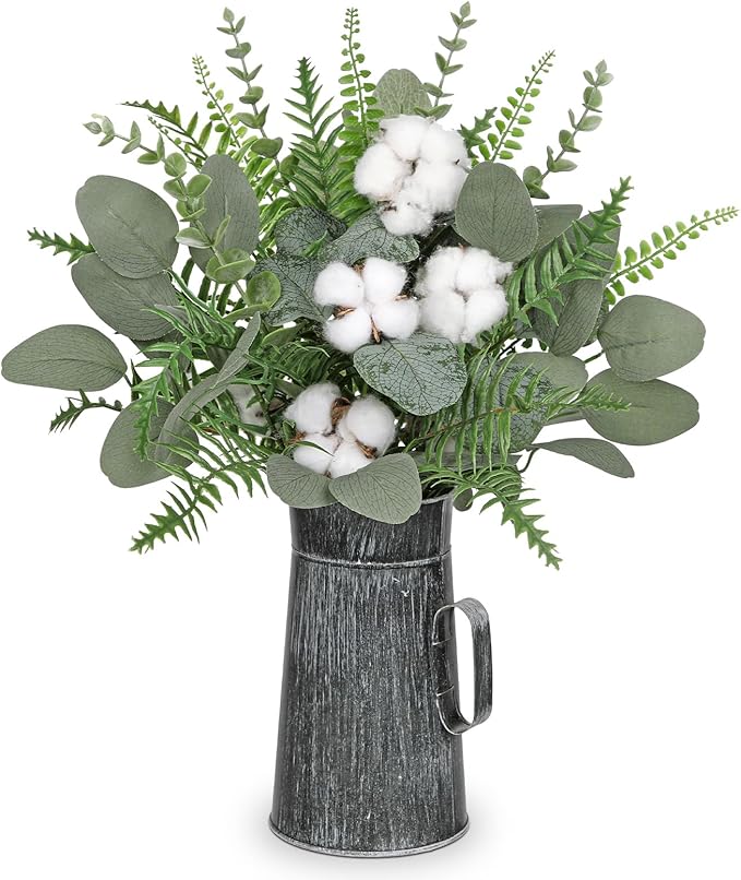 Hollyone Artificial Eucalyptus Plant in Rustic Metal Vase 18" Fake Plants Eucalyptus Leaves with Cotton Stems Faux Greenery Arrangement Potted for Farmhouse Kitchen Office Shelf Home Indoor Decor