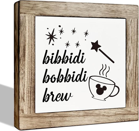 Farmhouse Bibbidi Bobbidi Brew Wooden Box Sign - Cute Coffee Decor for Kitchen Bar Table or Wall