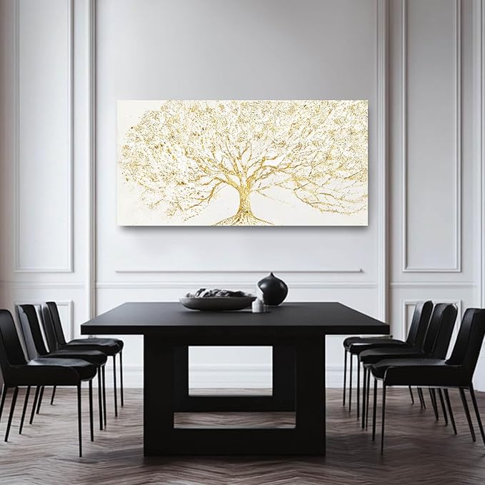 GAIDUOMAI Modern Abstract Tree Painting on White Background Gold Minimalist Art work for Bedroom Office Posters Entryway Wall Decor 24x48 Inch