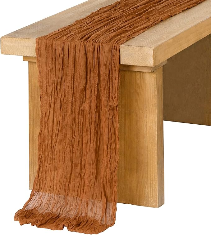 Ling's Moment 10Ft Brown Terracotta Cheesecloth Table Runner Burnt Orange Gauze Semi-Sheer Tablecloth for Wedding Party Bridal Shower Boho Table Decor