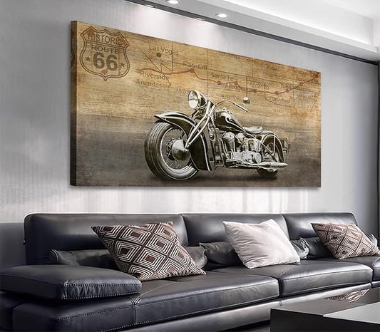 arteWOODS Vintage Motorcycle Canvas Wall Art - Historic Route 66 Retro Vehicle Pictures for Men Boys Bedroom Wall Decor Modern Motorcross Canvas Print Artwork Home Office Wall Decoration 29" x 58"