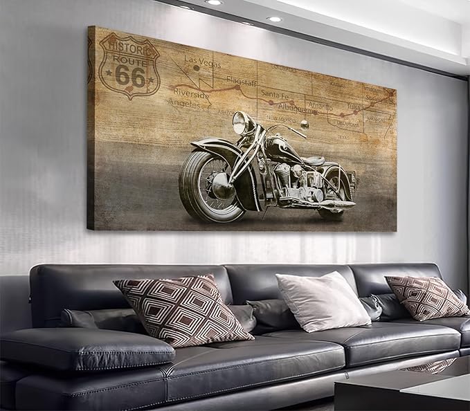arteWOODS Vintage Motorcycle Canvas Wall Art - Historic Route 66 Retro Vehicle Pictures for Men Boys Bedroom Wall Decor Modern Motorcross Canvas Print Artwork Home Office Wall Decoration 20" x 40"