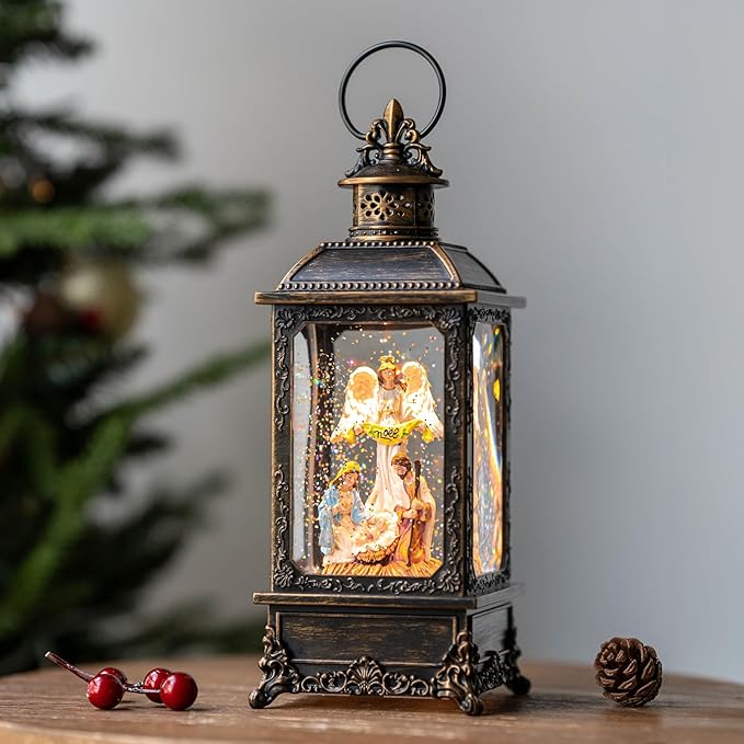 Christmas Snow Globes, Manger Snowflake Ball Nativity Scene, Silent Night Music Water Lantern, USB Powered & Battery, Holiday Decorations Gifts for Family, Children or Friend