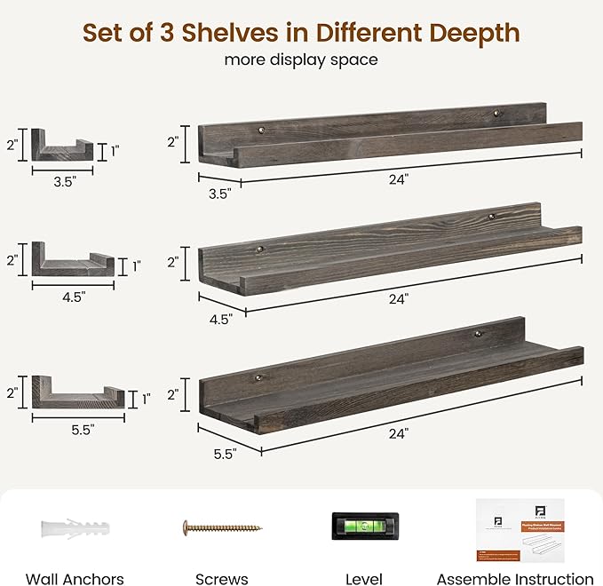 Picture Ledge Wall Shelves - 24 Inch Width Set of 3, Solid Pine Wood Rustic Floating Ledge Shelves for Kids' Room, Bedroom, Kitchen, Bathroom, Living Room, Nursery Display Wall Decor, Grey