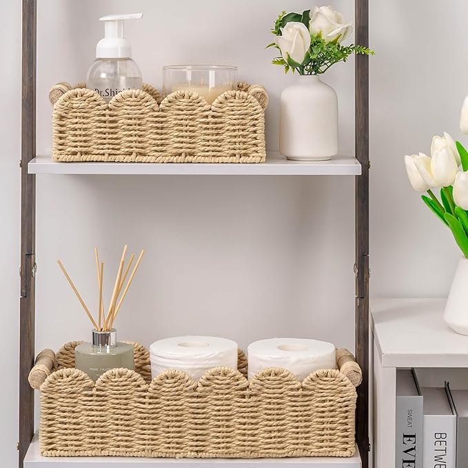CubesLand Scalloped Edge Decor Baskets for Home, Living Room, Toilet Paper Storage Basket for Over Toilet Shelf, End Table,Shelves and More, Small Paper Rope Baskets Both Storage&Decor, Set 2 Beige