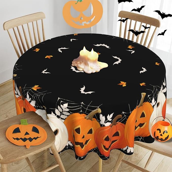 Halloween Round Tablecloth 60x60 Inch Pumpkin Ghost Table Cover Holiday Decorations Seasonal Decor for Home Kitchen Dining Room Picnic Party Fall Thanksgiving