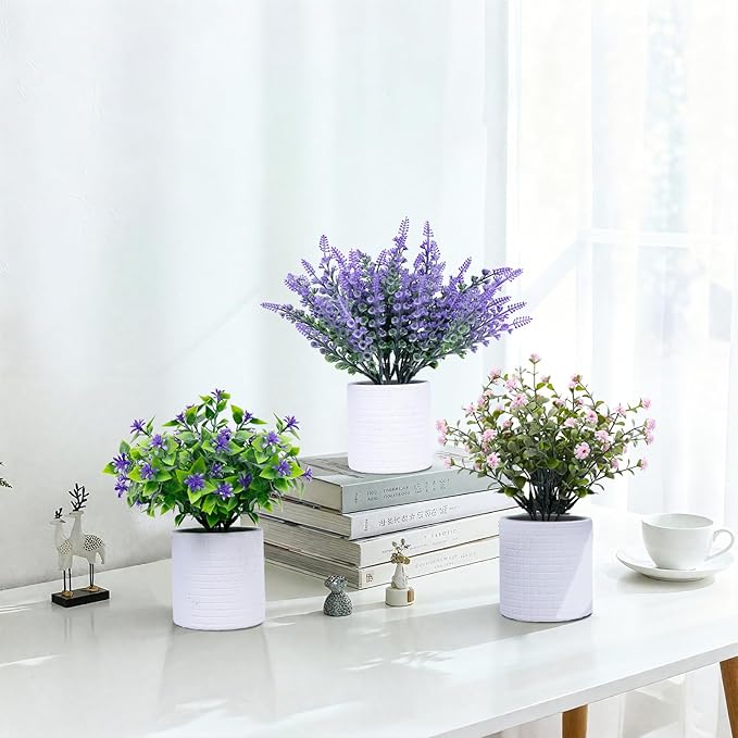 FGSAEOR Mini Potted Fake Plants, Small Artificial Greenery Realistic Plants Topiaries, Low Maintenance, for Home Office Shelf Desk Farmhouse Room Coffee Table Decor (3-Pack) (Purple Pink)