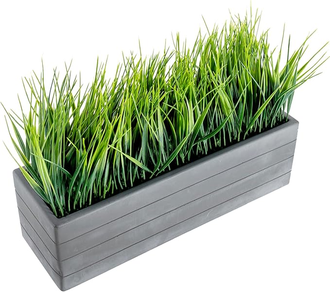 MyGift 14 Inch Artificial Green Grass Plants in Ribbed Dark Gray Concrete Rectangle Planters, Tabletop Faux Greenery in Rectangular Cement Pot Centerpiece Décor