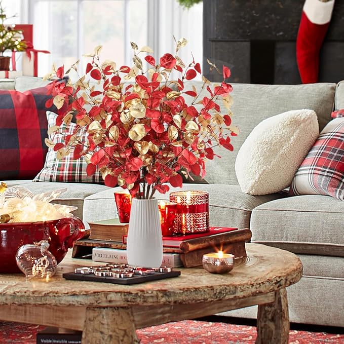27.6’’ Christmas Artificial Flowers 6Pcs Red Gold Xmas Eucalyptus Stems for Table Centerpieces Faux Eucalyptus Leaves Branches for Christmas Floral Arrangements Home Farmhouse Party Decoration