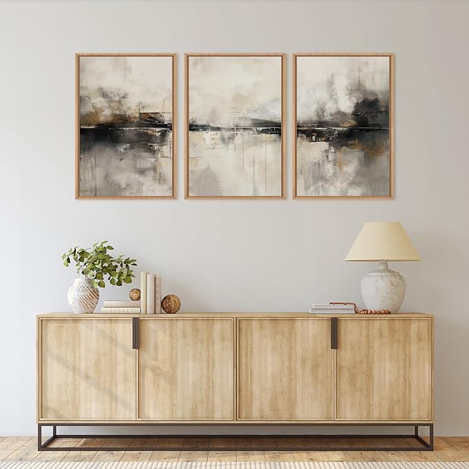 HOURIA Large Neutral Black Brown Framed Canvas Wall Art Set,Abstract Gray Wall Decor,Minimalist Beige Wall Painting,Modern Illustrations Tan Art Print for Living Room, Bedroom, Office- 24"x36"x3