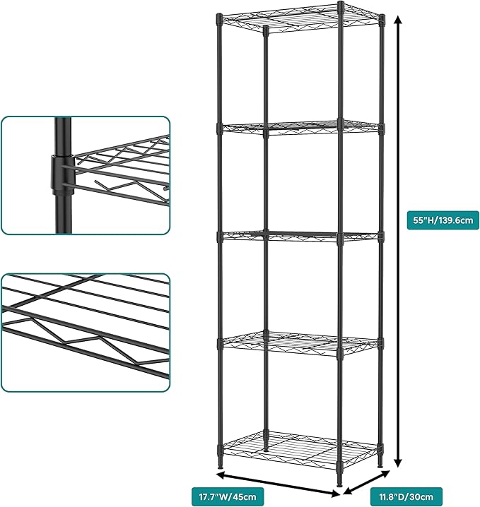 IZEUK 5 Tier Metal Wire Shelf Unit, Black Storage Rack Organizer for Kitchen, Bedroom, Living Room or Laundry Room, 17.7" W x 11.8" D x 55.0" H