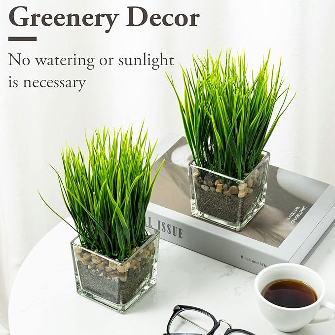 MyGift Artificial Grass Plants in Modern Square Clear Glass Pots with Faux Pebbles and Soil, Decorative Potted Greenery Plant in Tabletop Planter, Set of 2