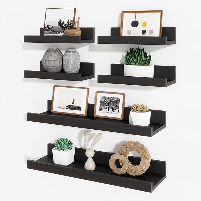 Axeman Picture Ledge Shelf, Floating Shelves for Wall Decor Storage Set of 6, 16 inch Floating Wall Mounted Shelves, Wall Shelves with Lip for Living Room, Bedroom, Nursery, Bathroom, Kitchen, Black