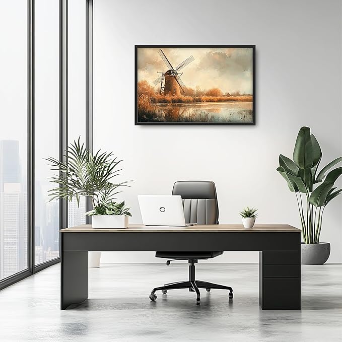 Landscape Framed Wall Art for Living Room, Large Holland Windmill Canvas Wall Decor, Country Farmhouse Pictures Painting, Modern Artwork for Bathroom Bedroom 36L'' × 24W''