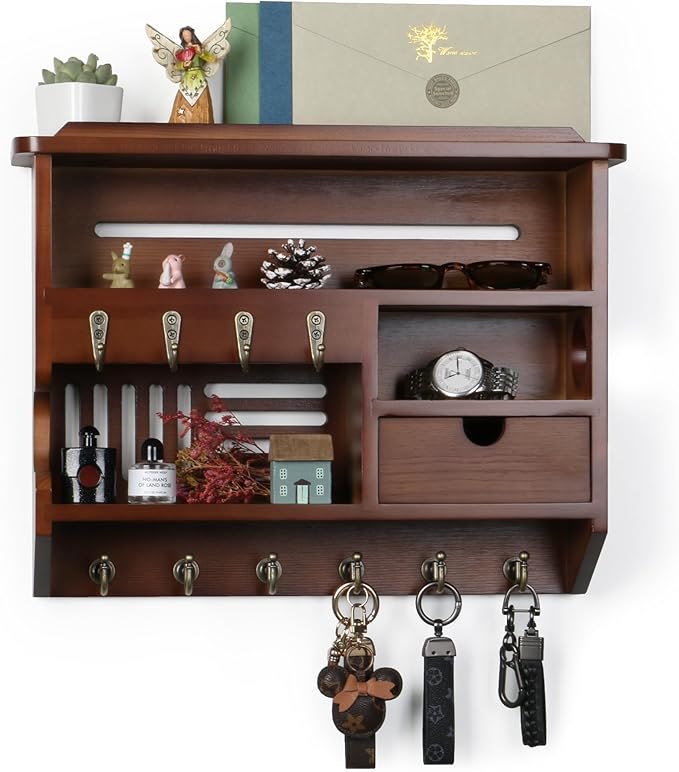 Key Holder for Wall, Mail Organizer Wall Mount with Storage Drawer and 10 Hooks, Easy Installation Key Holder Wall Mount for Home Decor, Walnut