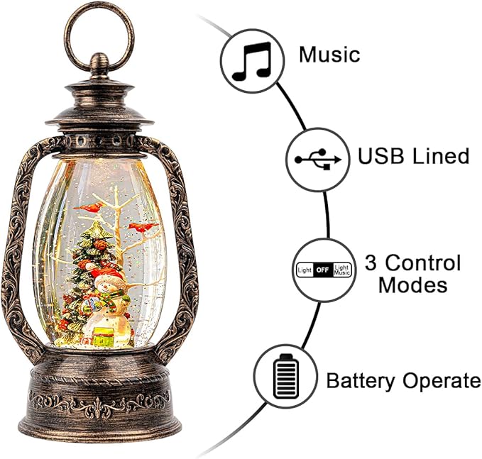 12'' Christmas Musical Snow Globe Lantern Spinning Water Glittering Snowman with Holiday Tree Scene, Battery & USB Powered Light for Home Decoration