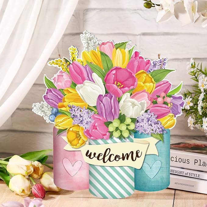Spiareal Flower Welcome Sign Spring Front Door Decor Wood Hanging Door Outdoor Sign Spring Summer Welcome Pink Flower Wreaths Decorations for Farmhouse Floral Porch (Bright Style)