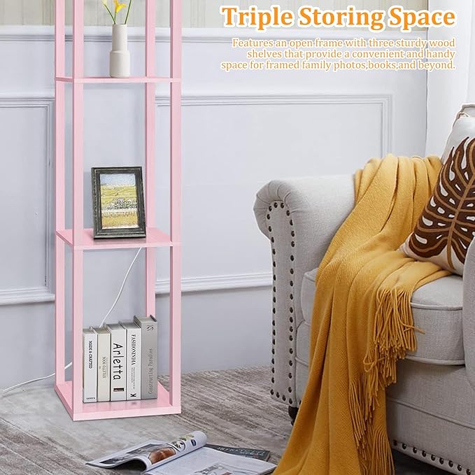Dott Arts Floor Lamp with Shelves, Floor Lamps for Living Room Decor Display Shelf Lamps with 3 Color LED Bulb, Modern Floor Lamp for Bedroom Standing Lamp for Living Room Office,Home Decor（Pink）