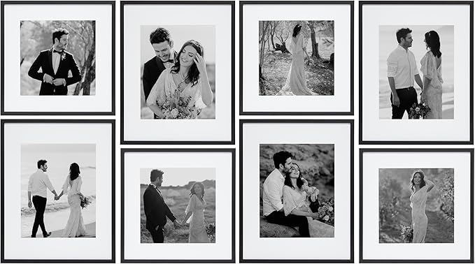 Camden Reed Arcadia 8 Piece Oversized Gallery Wall Frame, 11x14 and 11x11 inch matted frames for featuring 8x10 and 8x8 Inch Photographs or Art Prints, Black Finish