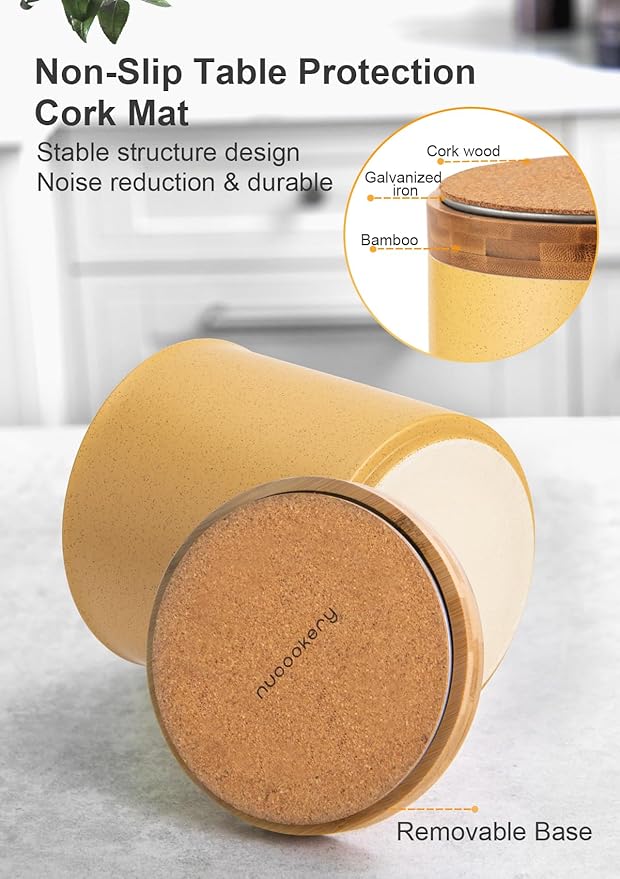 Nucookery 360°Rotating Utensil Holder, 7.2" Kitchen Utensil Crock, Ceramic Cooking Utensil Organizer with Countertop-Protection Cork Bottom for Farmhouse Kitchen Decor Christmas (Yellow Sand)