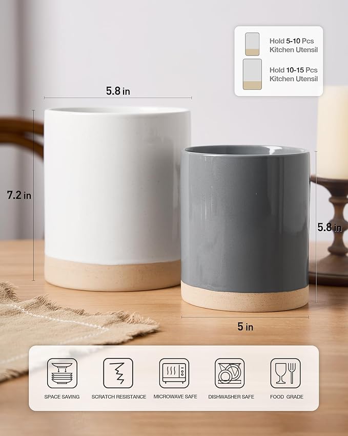 famiware Milkyway Kitchen Utensil Holder for Countertop, Ceramic Cooking Utensil Crocks for Kitchen Counter, Utensil Organizer for Spatula & Spoon, Set of 2, White and Dark Gray