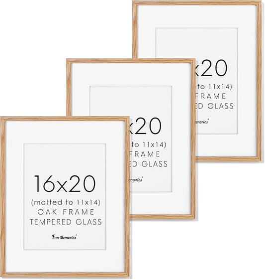 Fun Memories 16x20 Picture Frames Set of 3, Solid Oak Wood Picture Frame 16 by 20, 16x20 Frame with Mat for 11x14, 16 x 20 Frame with Tempered Glass, 16"x20" Poster Frame