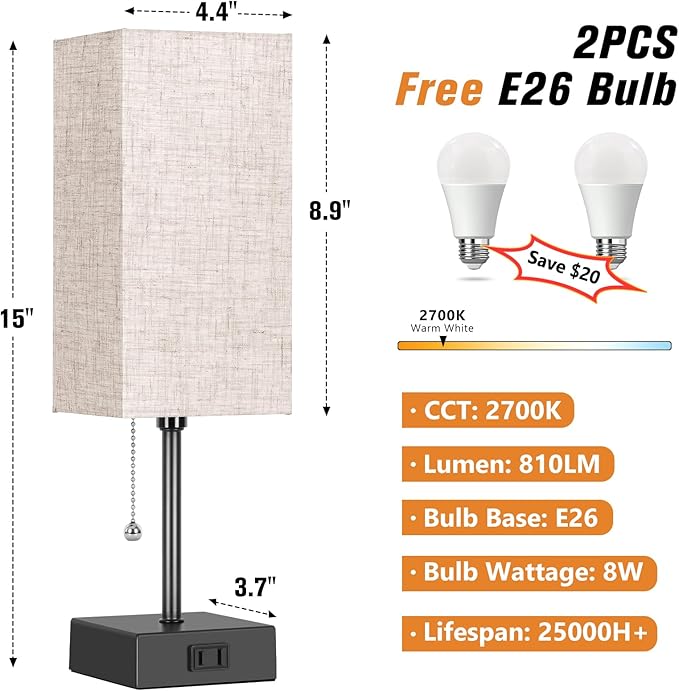 Table Lamp for Bedroom Set of 2, Bedside Lamps with 3 Color Temperatures Night Light, Lamp for Night Stands with AC Outlet and Square Shade, Pull Chain Small Desk Lamp for Living Room Home Decor