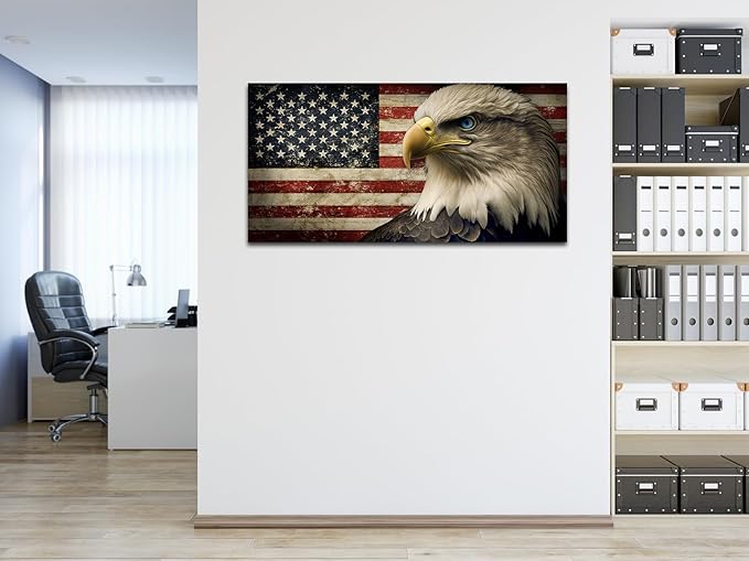 American Flag Canvas Wall Art - Flag of USA with Eagle Pictures for Wall Decor Patriotic Canvas Printing Artwork Vintage Rustic Design for Living Room Home Office Wall Decoration 24" x 48"