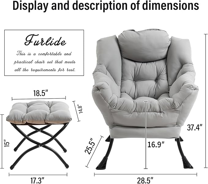 Lazy Chair with Ottoman, Modern Chair with Folding Footrest, Lounge Accent Chair, Comfortable Reading Chair (Light Grey)