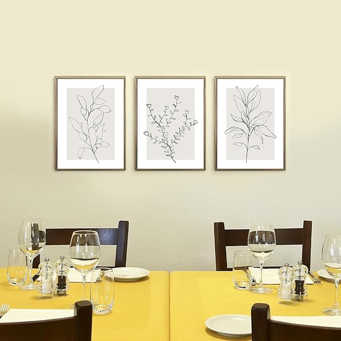 WRFON Neutral Botanical Canvas Wall Art, Minimalist Black Line Flower Poster Prints, Boho Beige Floral Wall Decor, Abstract Plant Leaf Aesthetic Picture for Bedroom Living Room Framed 12"x16"x3
