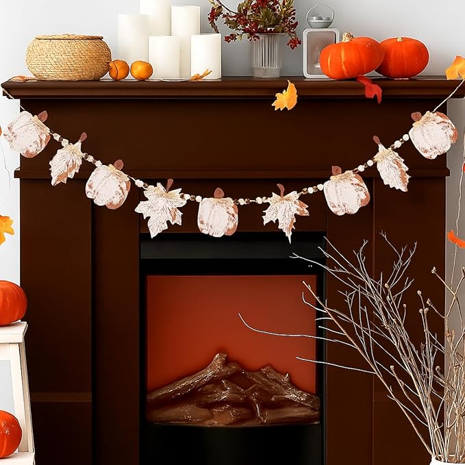 Yalikop 6.9 ft Fall Garland Wood Bead Banner with Pumpkin and Maple Leaves Thanksgiving Hanging Decorations for Farmhouse Home Wall Fireplace Autumn Halloween Birthday Baby Shower Party