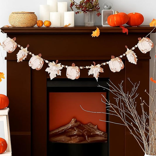 Yalikop 6.9 ft Fall Garland Wood Bead Banner with Pumpkin and Maple Leaves Thanksgiving Hanging Decorations for Farmhouse Home Wall Fireplace Autumn Halloween Birthday Baby Shower Party