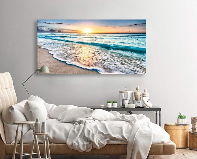 Baisuart S02275 Canvas Prints Wall Art Beach Sunset Ocean Waves Nature Pictures Stretched Pictures to Photo Paintings on Canvas for Home Office Decorations Wall Décor XXLarge 30x60inch