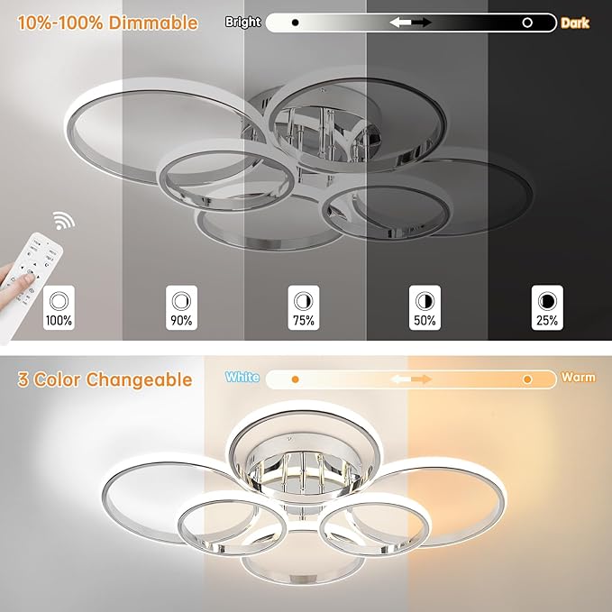 Modern Ceiling Lights, 6 Rings Dimmable Chrome LED Ceiling Light Fixtures with Remote Control, 60W Close to Ceilings Lighting for Living Room, Bedroom, Dining Room