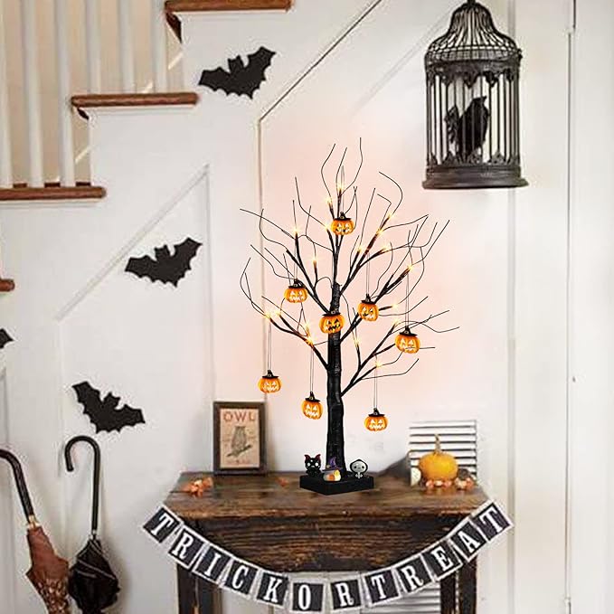 PEIDUO Halloween Indoor Decor, 2FT Halloween Tree with 24 Orange Lights and 8 Pumpkin Ornaments, Light up Halloween Decorations Black Tree with Timer for Indoor Home Desk Table Decor Battery Powered